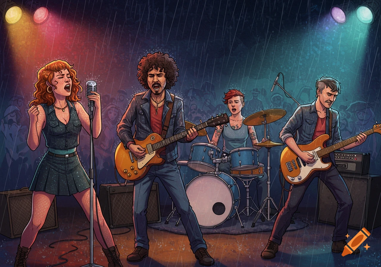 A vibrant cartoon illustration of a rock band performing live on stage in the rain under colorful spotlights.