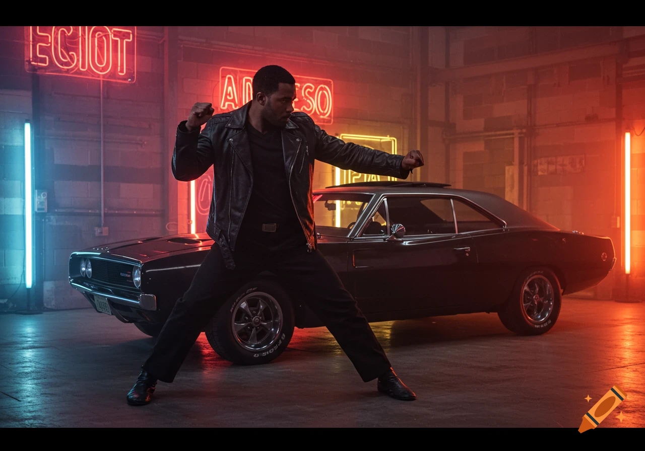 A Black martial artist in a leather jacket performs a strike pose in a neon-lit warehouse with a black classic car.