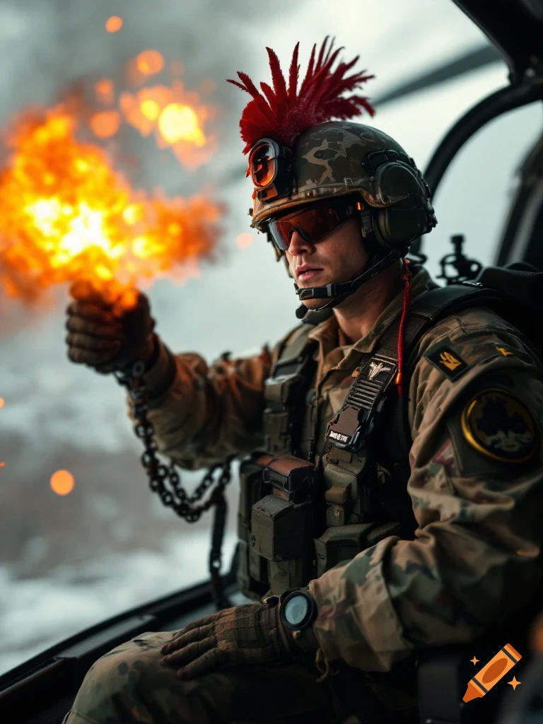 A soldier in camouflage uniform and helmet with a red plume sits in a helicopter, holding a device emitting a large burst of fire.
