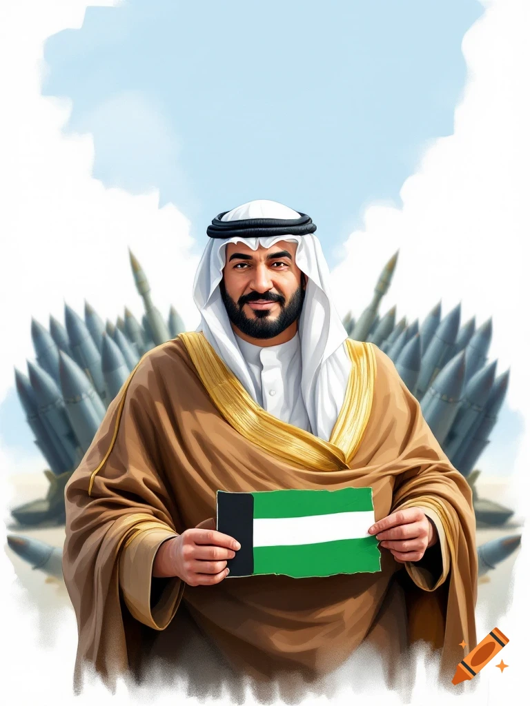 A man in traditional Arab attire holds a flag, with military missiles in the background in a stylized portrait.