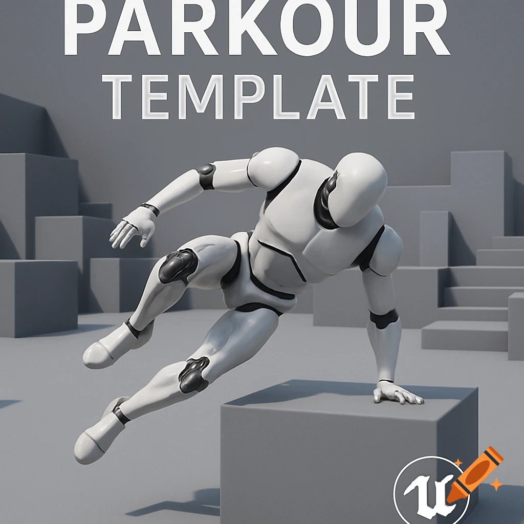 A white Unreal Engine mannequin performs a parkour jump over a grey block in a greybox environment, with 'PARKOUR TEMPLATE' text.