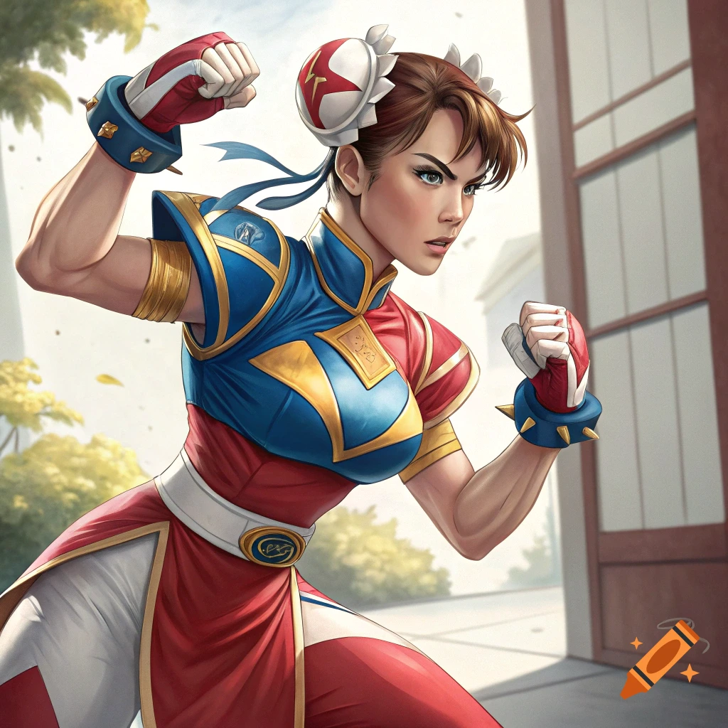 A dynamic digital art rendering of Chun-Li from Street Fighter, striking a fighting pose in her classic blue and red outfit.