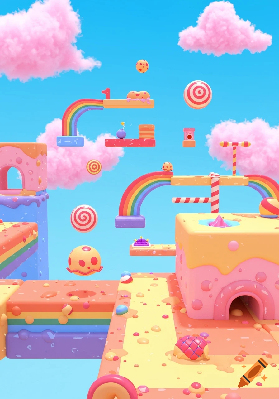 A vibrant 3D rendering of a candy-themed obstacle course game level with rainbow platforms, floating sweets, and pink clouds.