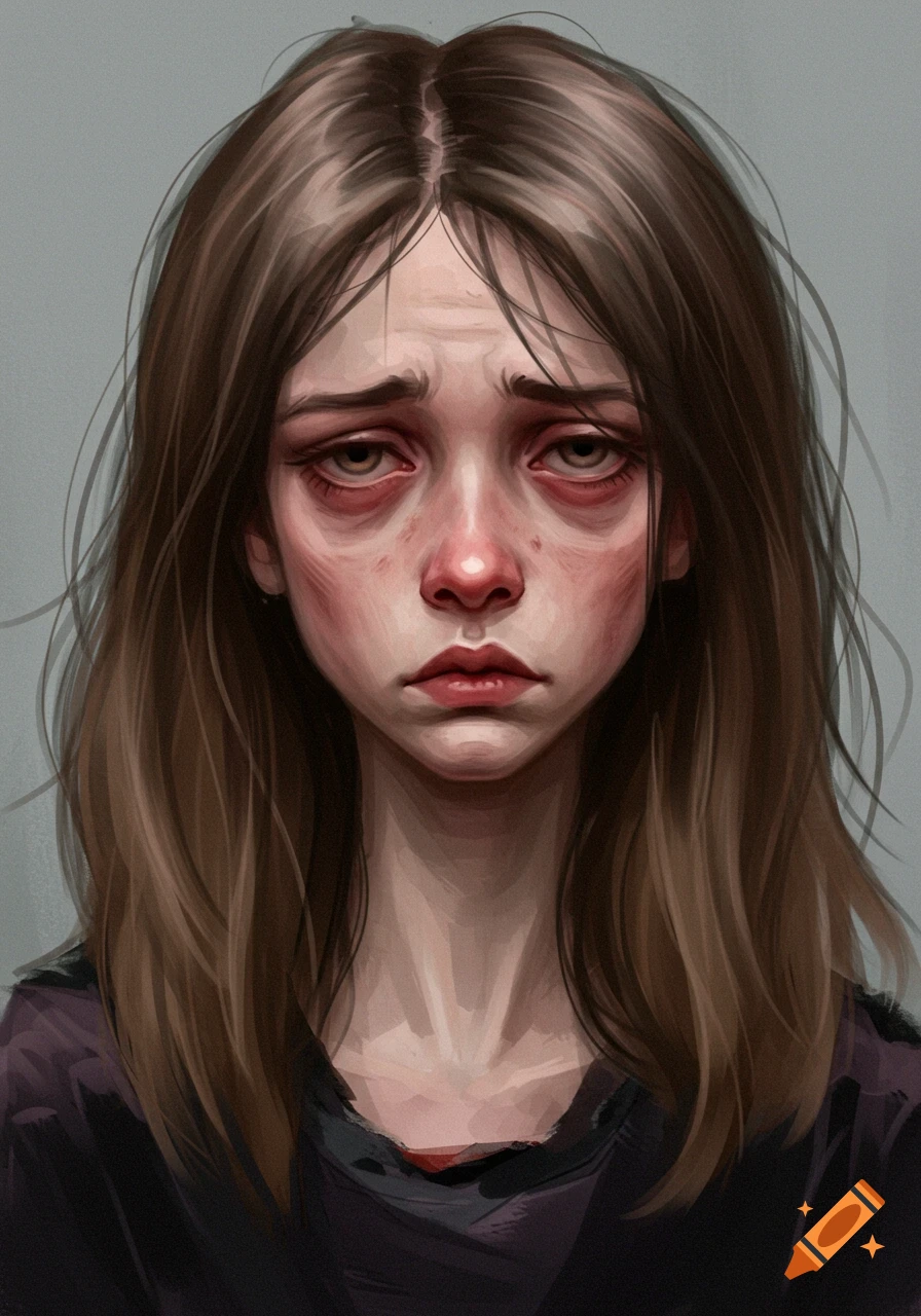 A close-up portrait of a distressed young girl with red, swollen eyes and nose, looking down sadly.