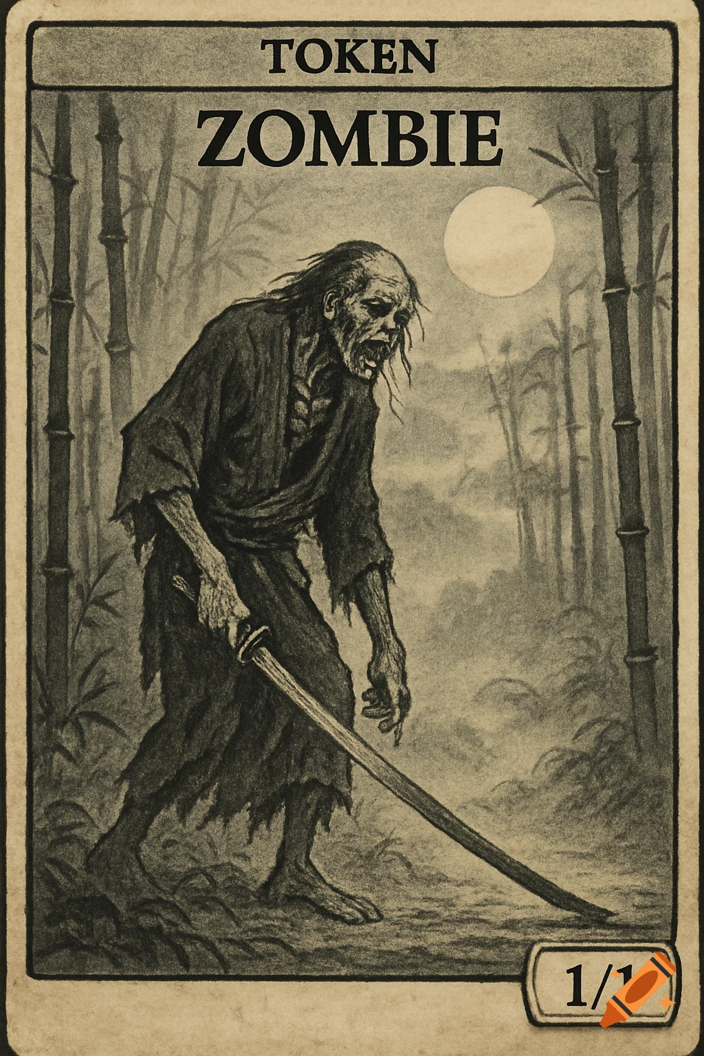 A sepia-toned fantasy card depicts a decaying zombie holding a katana in a foggy bamboo forest under moonlight, with 'TOKEN ZOMBIE' and '1/1' text.