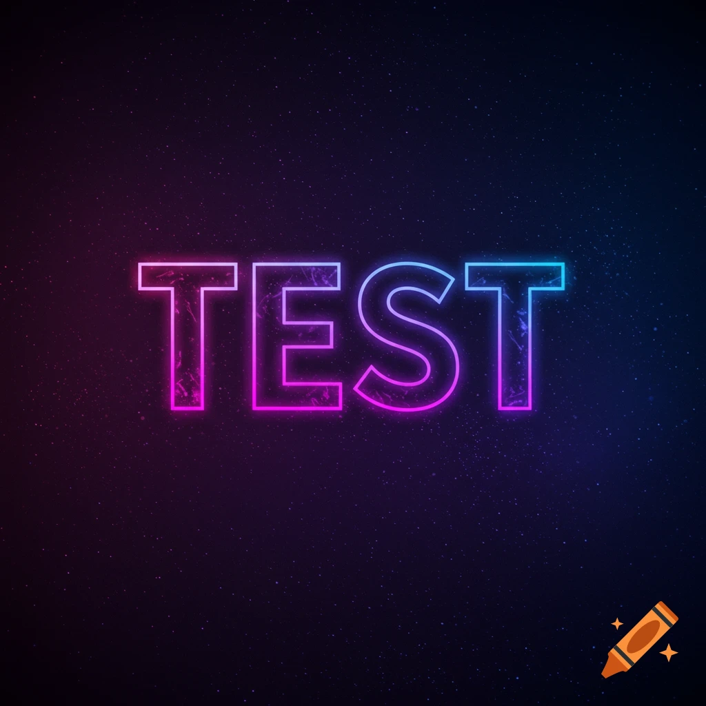 The word TEST in glowing neon letters with a pink and blue gradient, set against a dark, starry cosmic background.