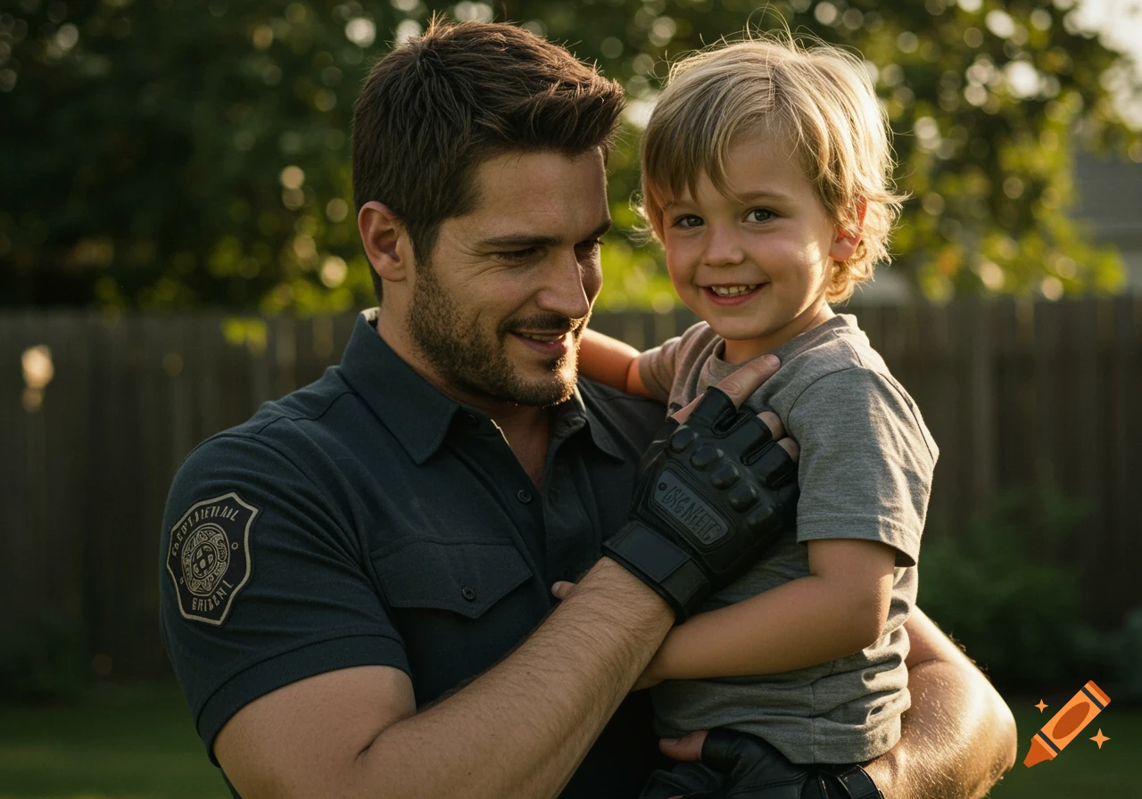 Photorealistic image of a smiling man in a tactical uniform holding a smiling young boy outdoors.