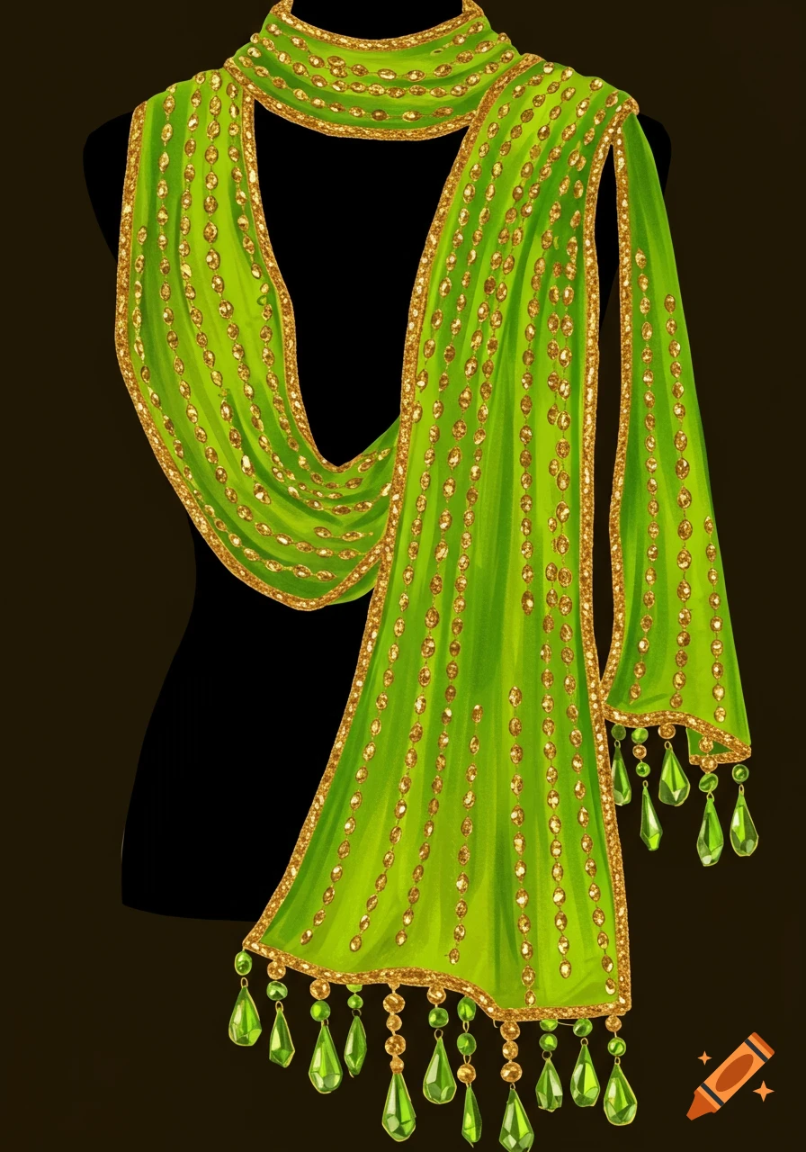 A vibrant lime green Indian scarf dupatta with gold trim and beaded crystal-like drops, draped on a black mannequin.