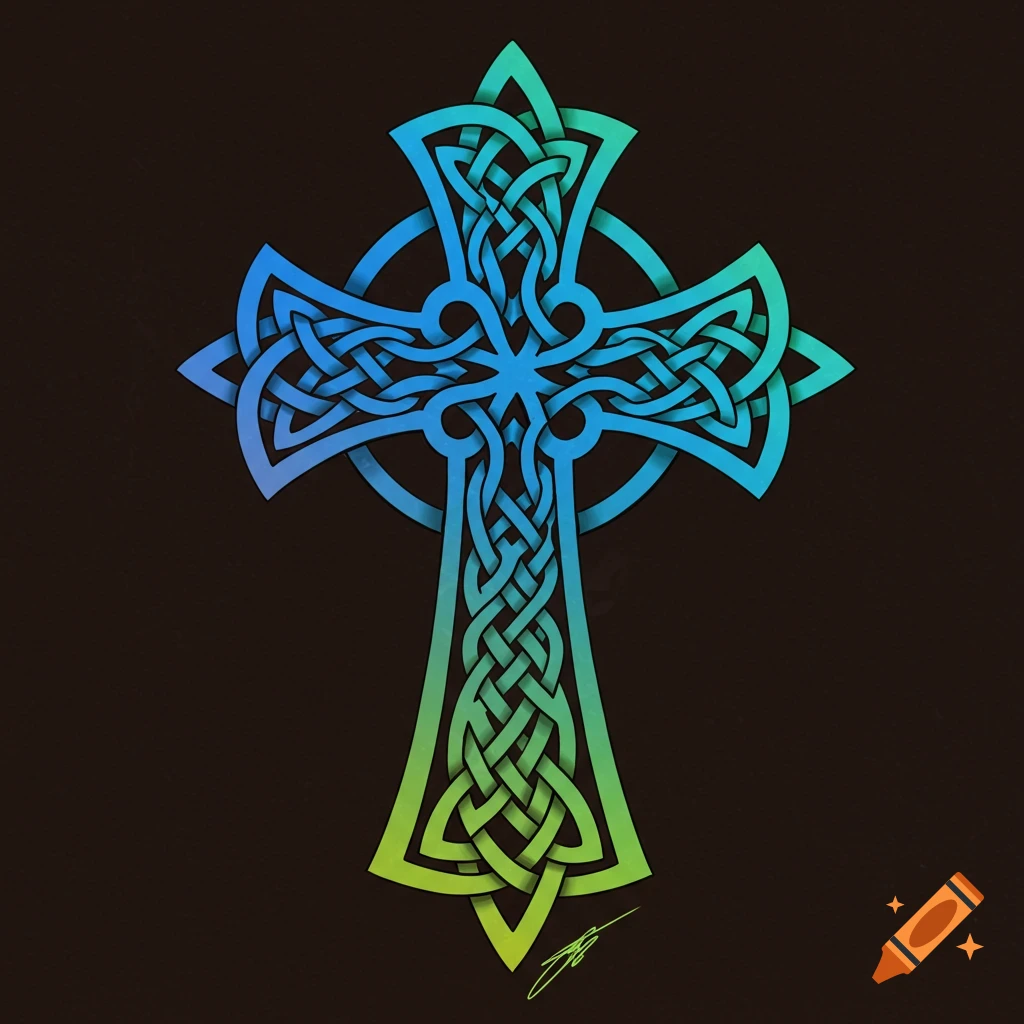 A vibrant blue and green gradient Celtic cross with intricate knotwork patterns on a dark background.