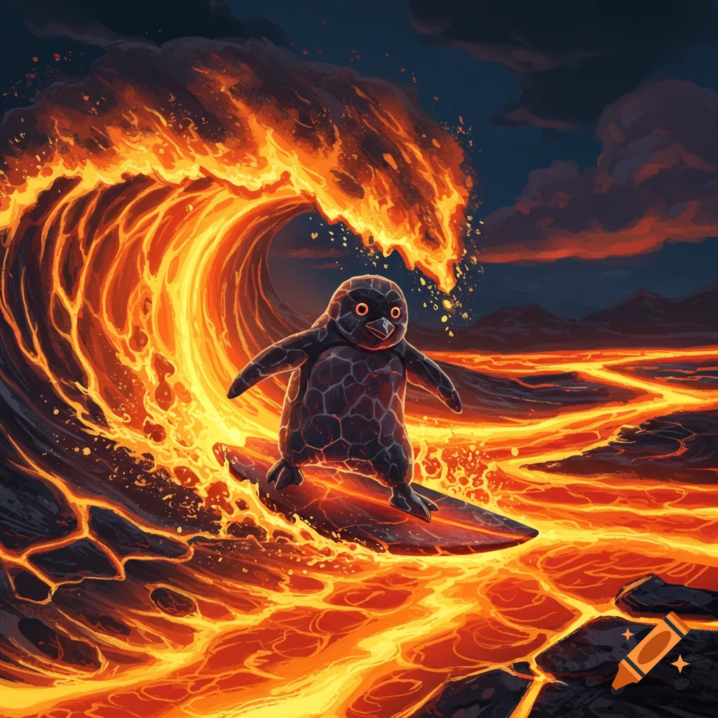 A cartoon-style penguin made of volcanic rock surfs a large wave of fiery lava.