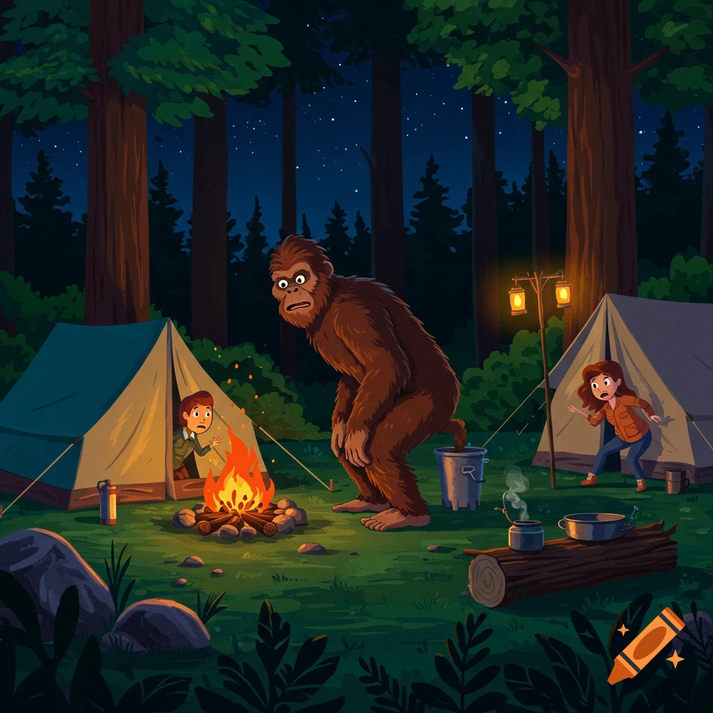 A cartoon Bigfoot is caught by two startled campers while using a bucket as a toilet at a night campsite in a forest.
