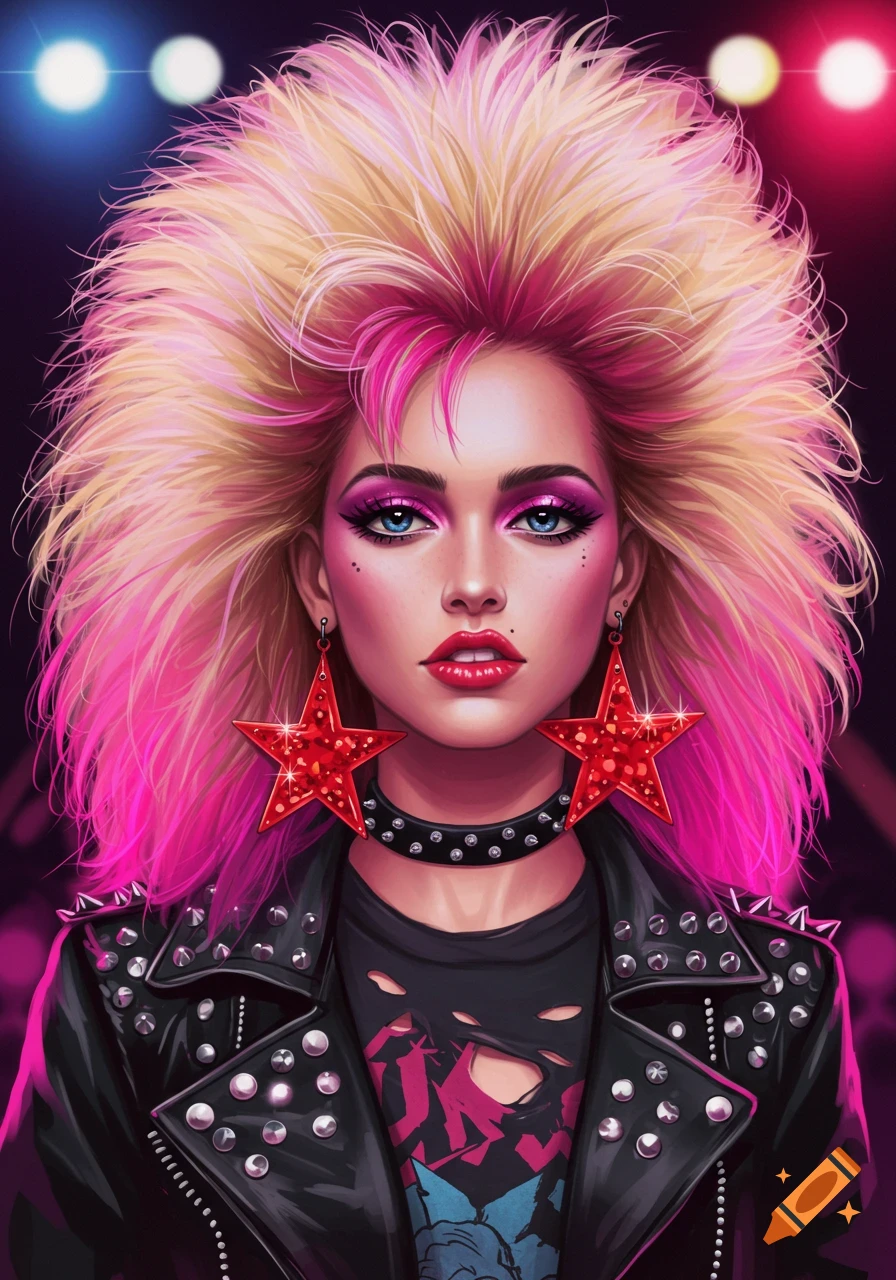 Vibrant portrait of a woman with large blonde and pink teased hair, bright pink eyeshadow, star earrings, and a studded leather jacket, in an 80s rockstar style.