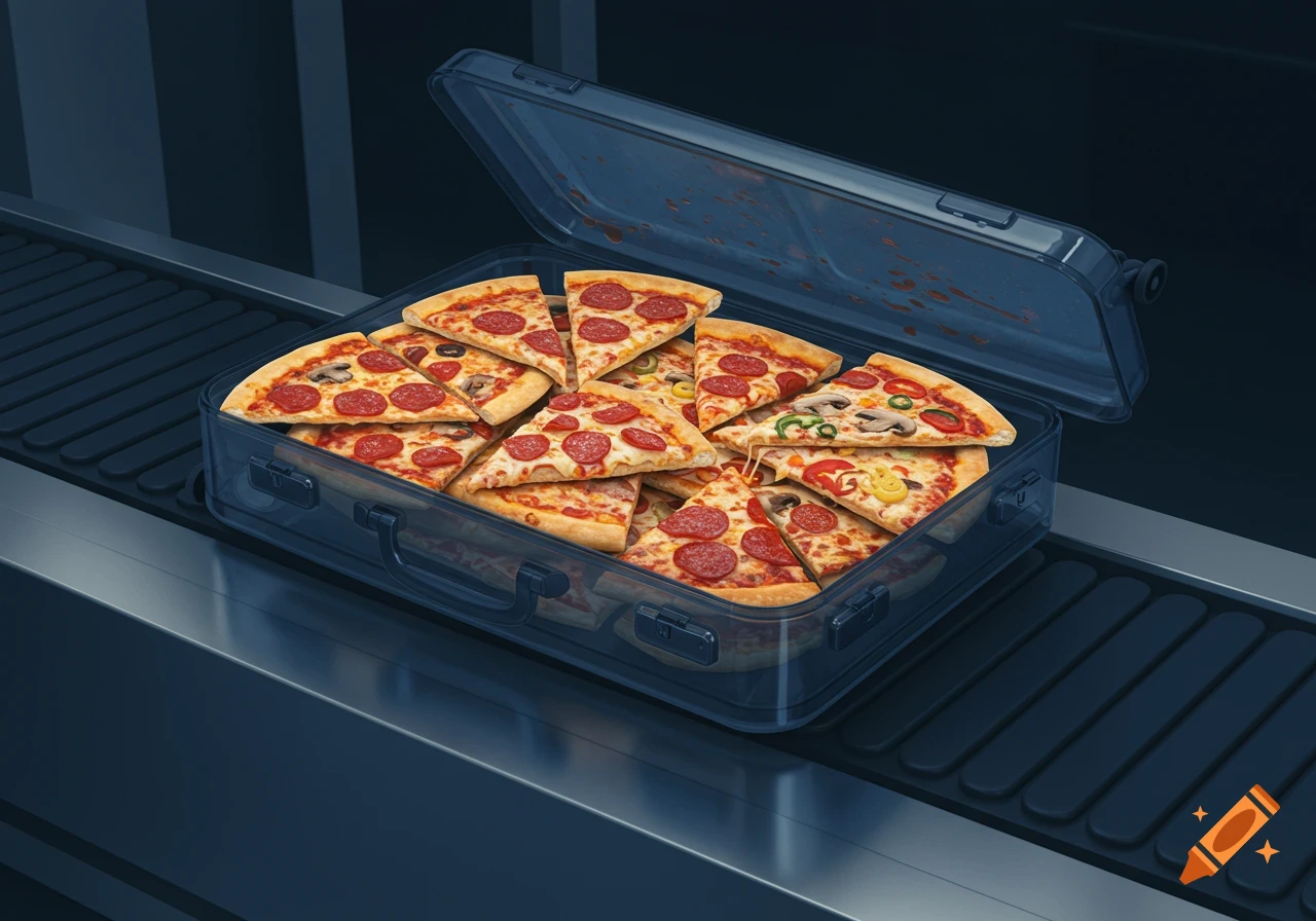 An open, transparent suitcase filled with pizza slices moves along an airport security conveyor belt in a photorealistic style.
