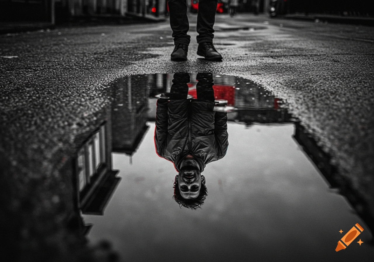 Low-angle shot of a man's legs on a wet street, with his blurry, upside-down reflection in a puddle featuring red highlights in a black and white scene.