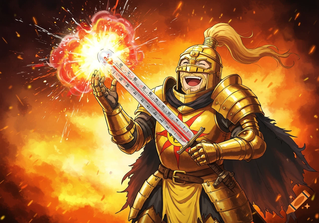 Golden armored knight Solaire of Astora holds an exploding thermometer against a fiery background, smiling joyfully.