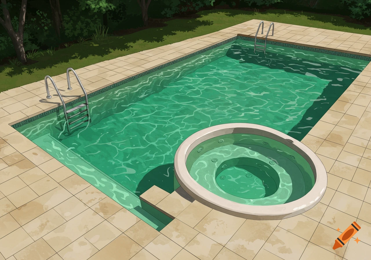 An illustrative view of an outdoor swimming pool with a connected hot tub, surrounded by beige patio pavers and green trees.