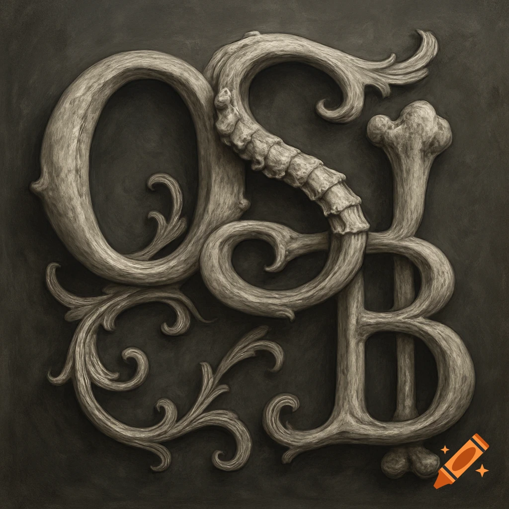 An ornate grayscale monogram composed of the intertwined letters O, S, and B, rendered with a bone-like texture on a dark background.