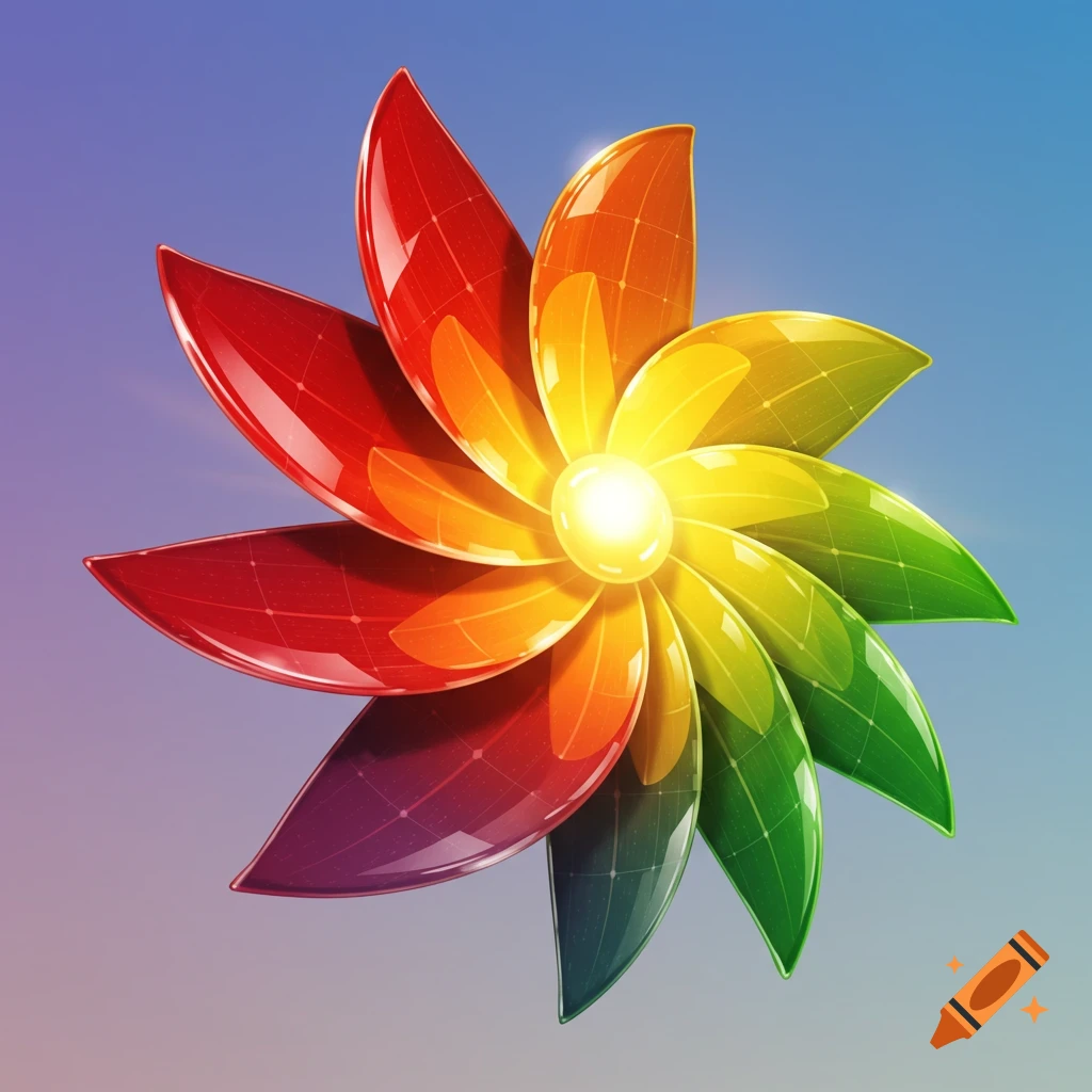 A vibrant, flower-like object with rainbow-colored solar panel petals radiating light from its center against a blue sky.