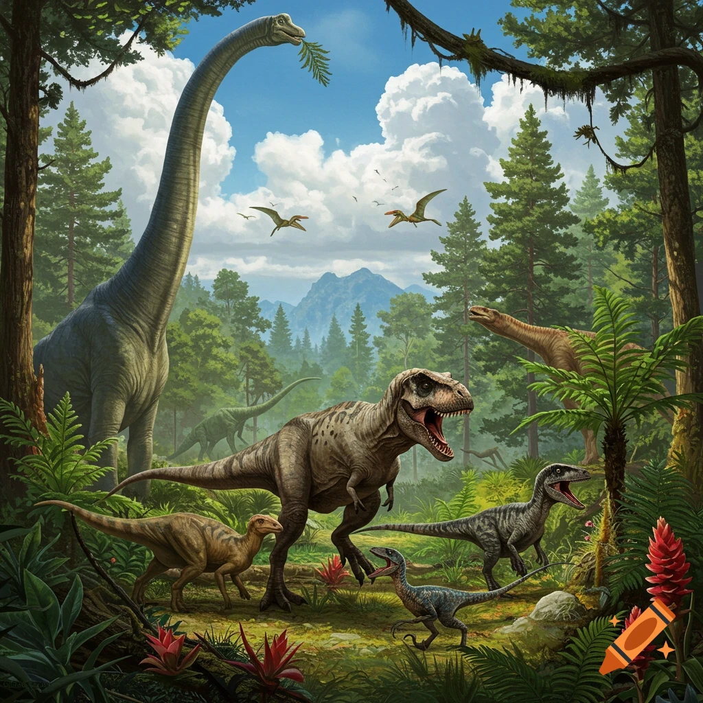 Multiple dinosaurs, including a large long-necked brachiosaurus, a T-Rex, and raptors, in a dense prehistoric forest.