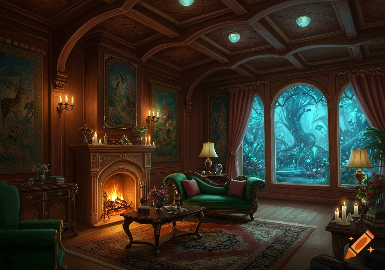 A richly decorated fantasy living room with a lit fireplace, green sofa ...