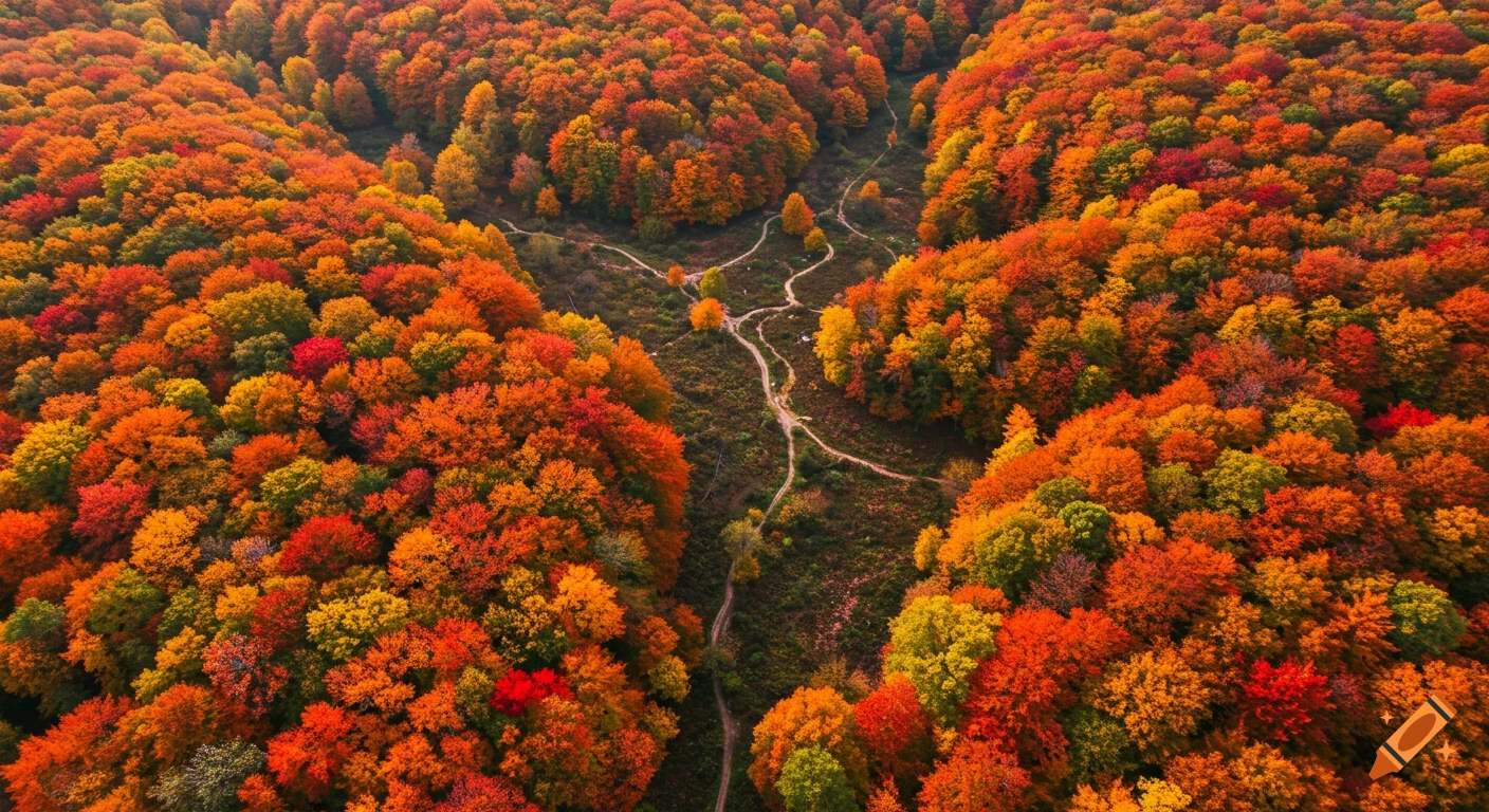 Aerial view of a vibrant autumn forest with winding paths through trees showing shades of orange, red, and yellow.
