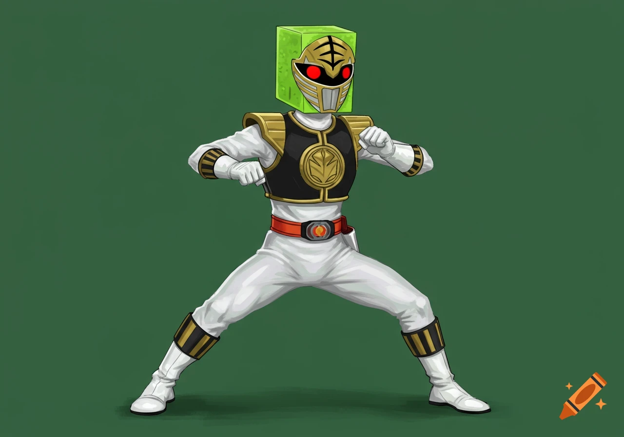A cartoon White Power Ranger in a fighting stance with a square lime green head and White Ranger helmet on a green background.