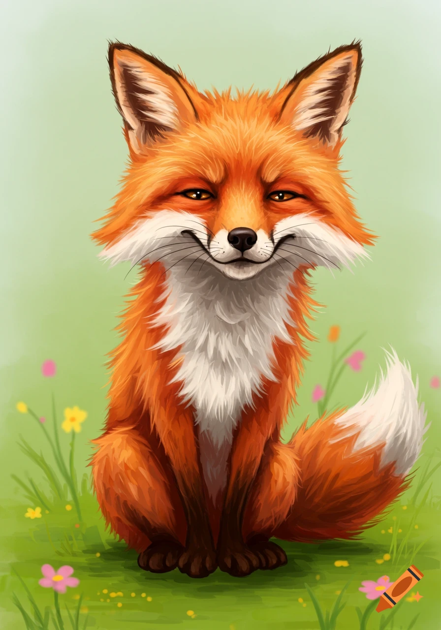 An orange cartoon fox with a mischievous grin sits in green grass with small flowers.