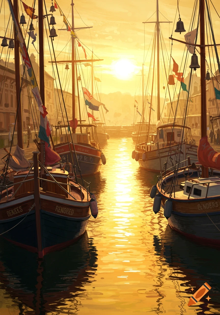 Boats docked in a harbor at sunset, with golden light reflecting on the water.