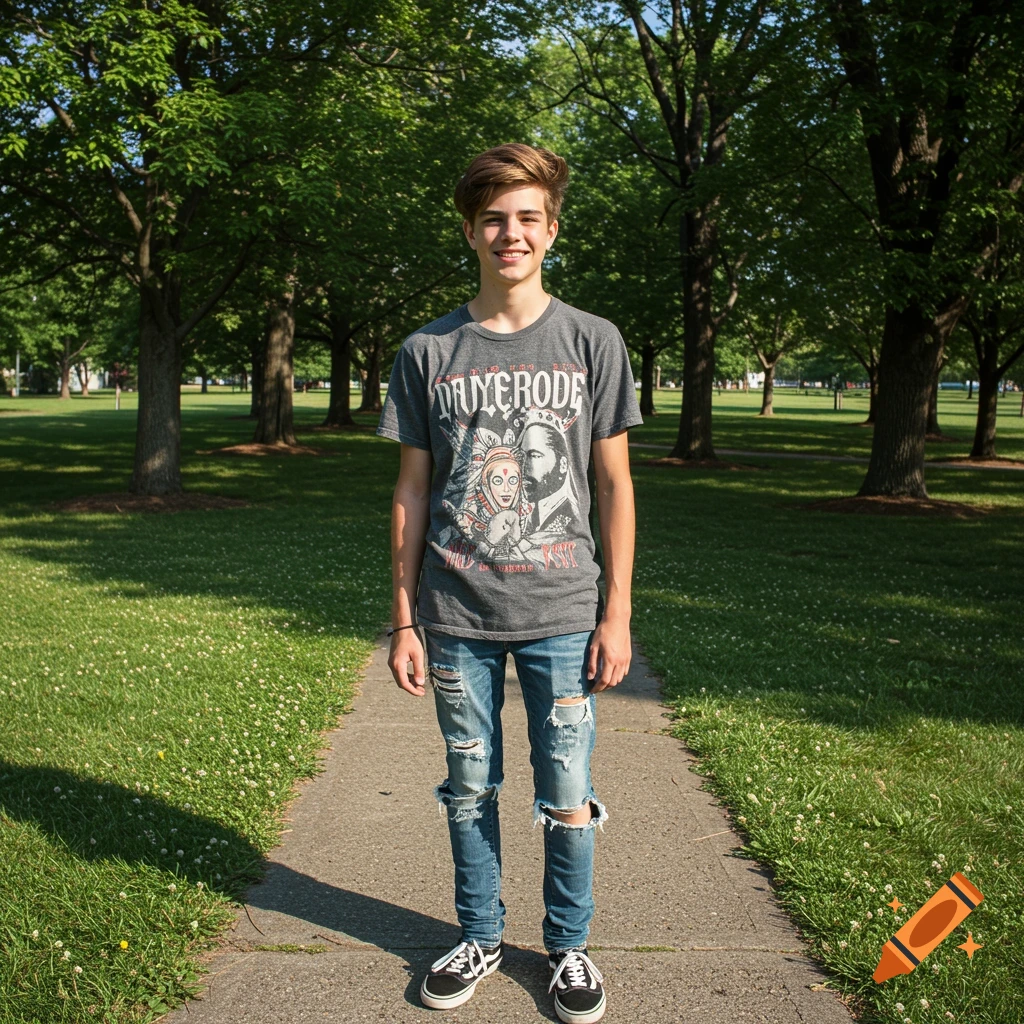 A smiling teenage boy stands on a path in a park, wearing a graphic t-shirt, ripped jeans, and sneakers.
