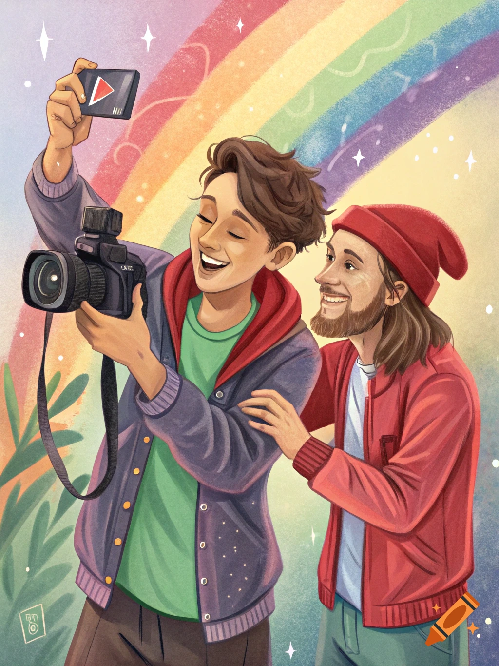 A stylized illustration of two smiling young men, one holding a camera and a phone, standing in front of a vibrant rainbow.