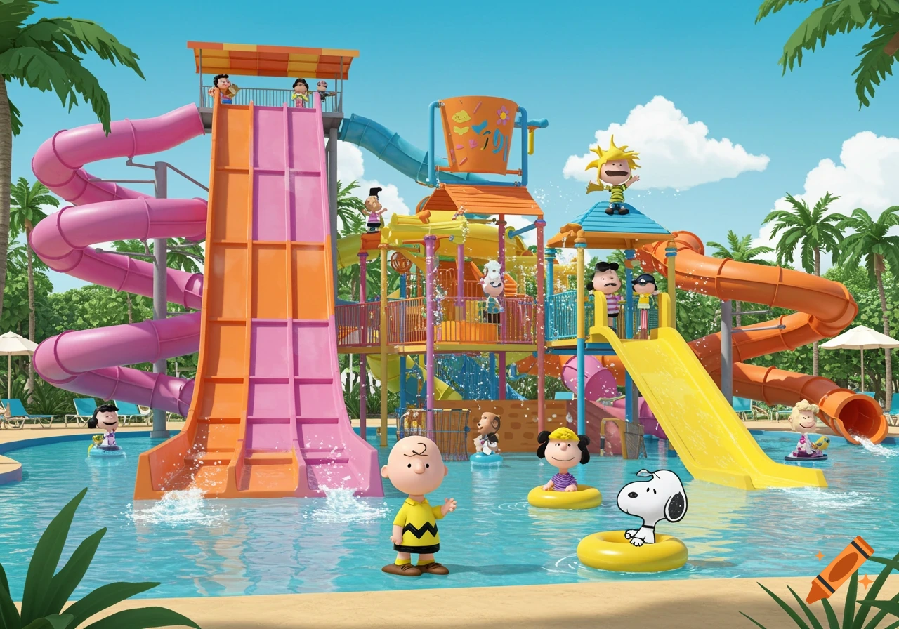 Charlie Brown and other Peanuts characters enjoying a vibrant waterpark with colorful slides and pools in a sunny, cartoon style.