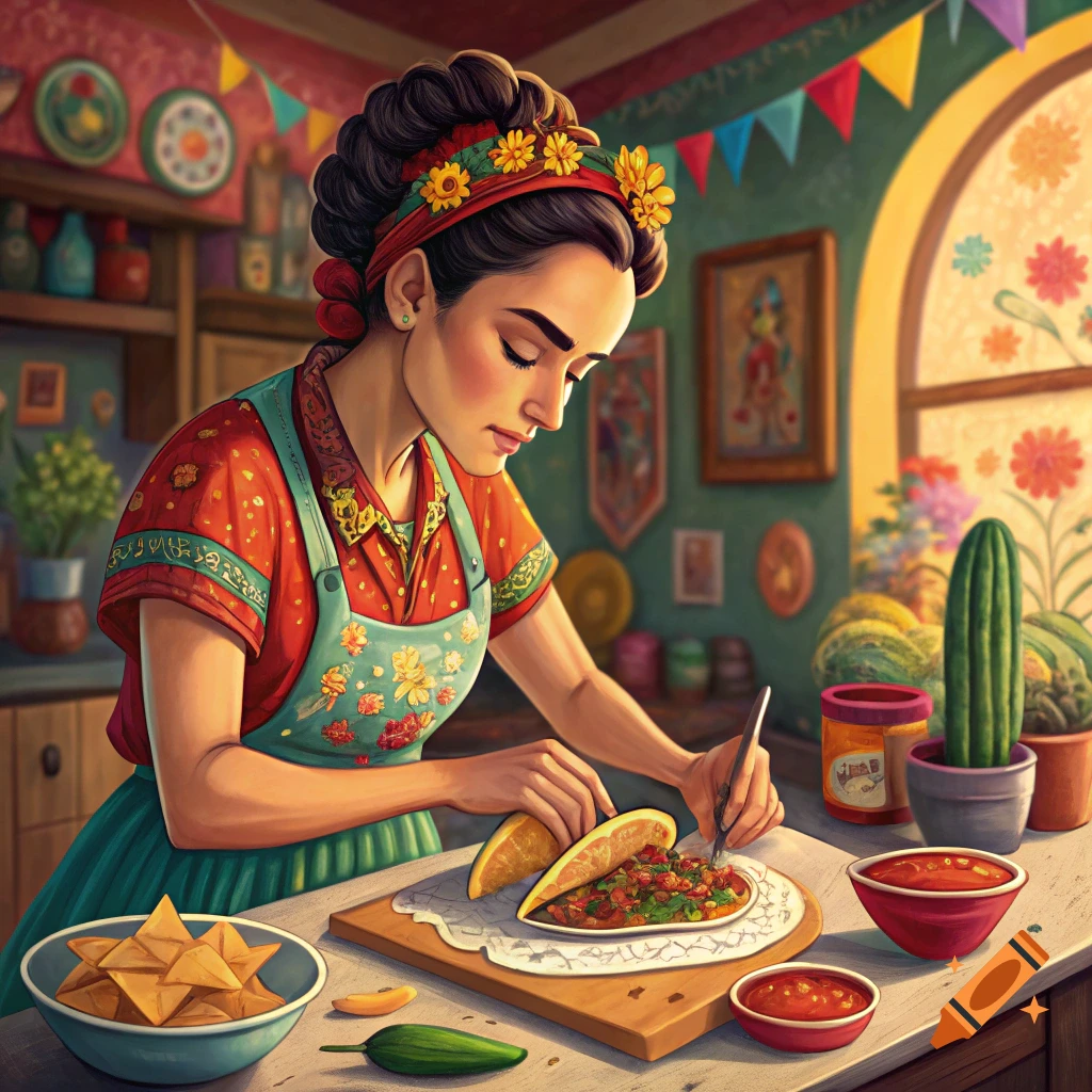 A stylized illustration of a woman in a colorful kitchen, preparing tacos and seemingly drawing on one.