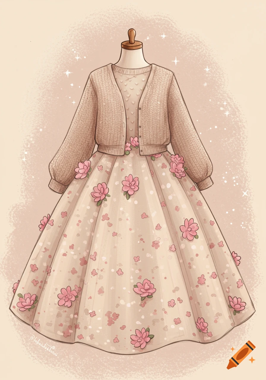 An illustration of a beige quinceañera dress with pink flowers and a matching cardigan on a mannequin.