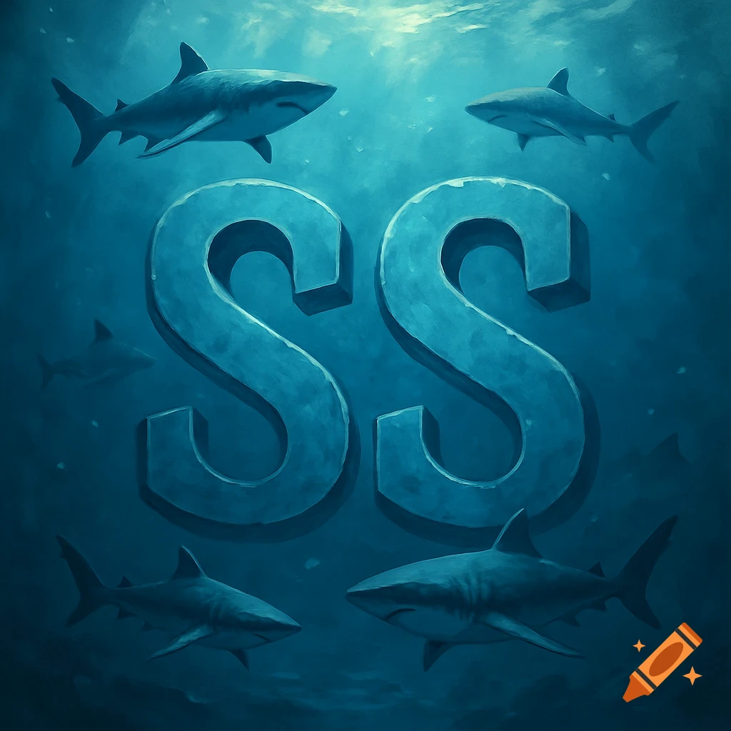 Underwater scene with two large blue letters 'SS' and sharks swimming around them.