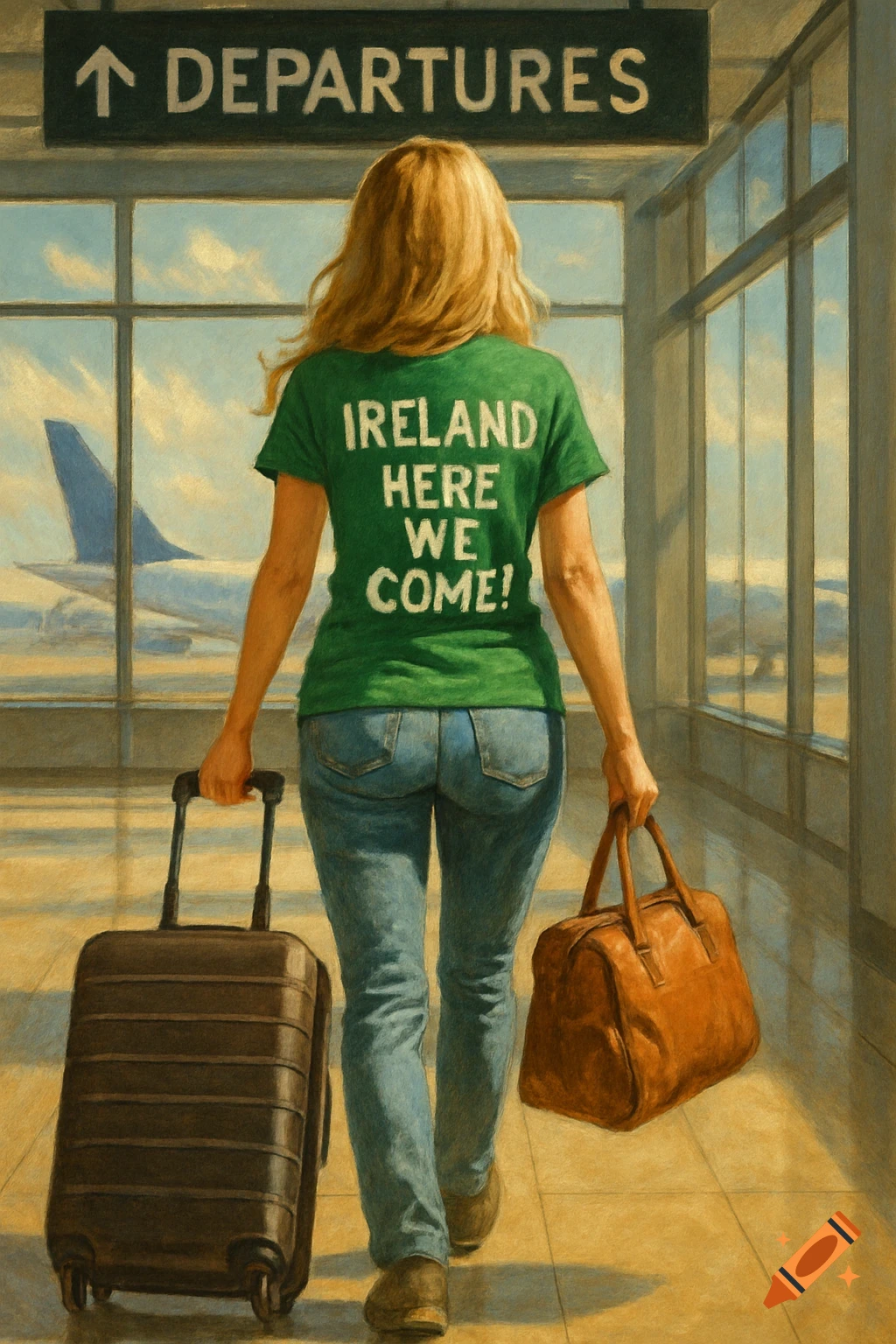 A blonde woman walks away from the camera in an airport, pulling a suitcase and carrying a bag, wearing a green shirt that says 'Ireland Here We Come!' in a painterly style.