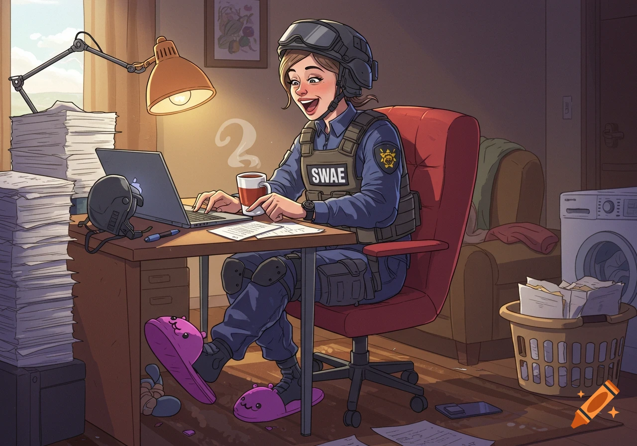 A cartoon illustration of a woman in a SWAT uniform and pink bunny slippers, happily working on a laptop at a desk in a home office.