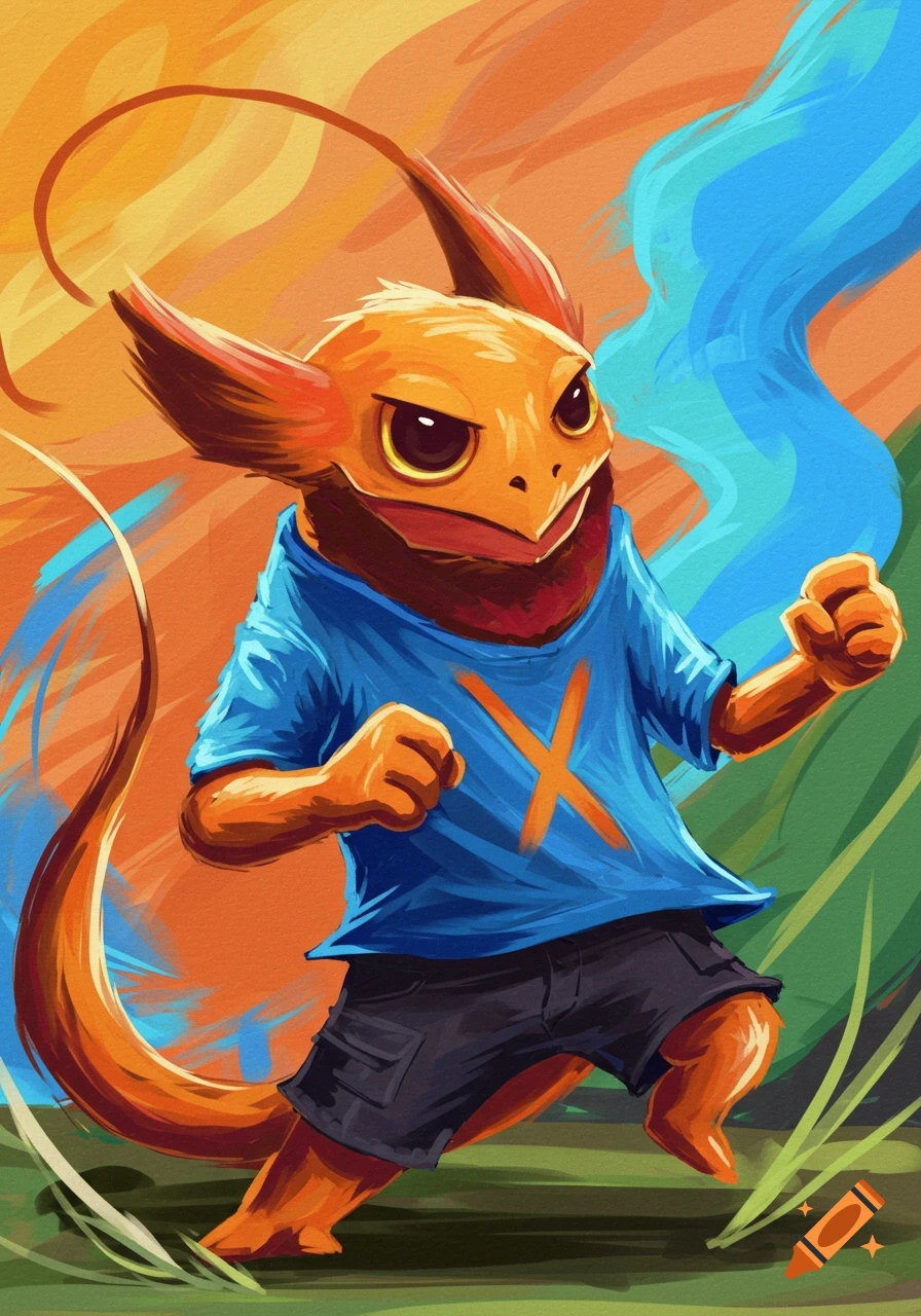 An orange, lizard-like creature wearing a blue t-shirt with an orange X and black shorts, in a dynamic pose. Digital painting.