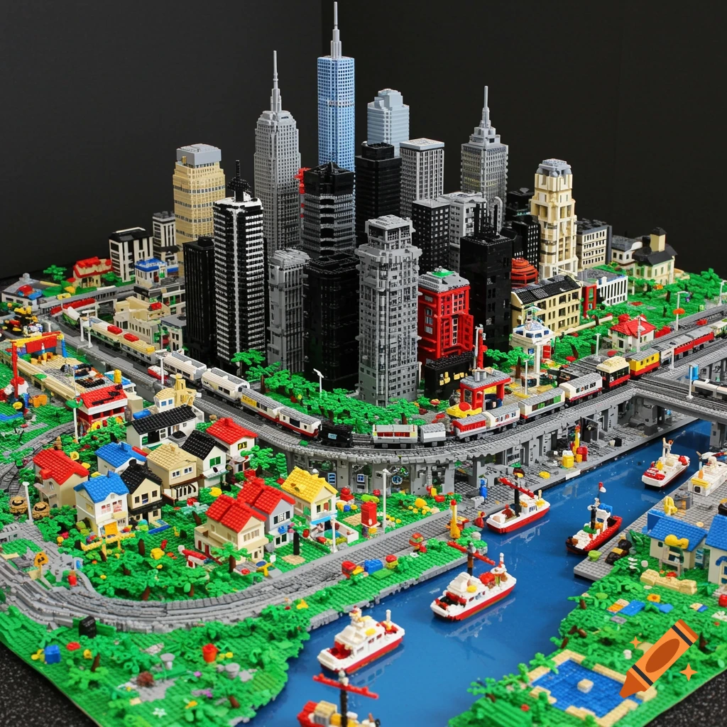 A detailed Lego city model featuring a bustling downtown with tall skyscrapers, suburban houses, elevated train tracks, and boats on a blue river.