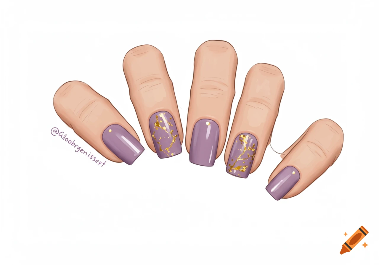 Illustration of a hand with purple nail polish, two nails featuring gold speckle designs.