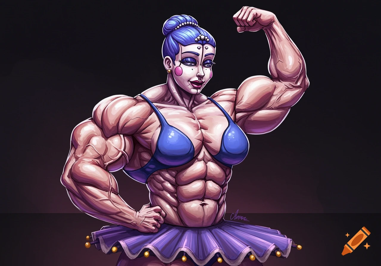 A heavily muscled humanoid ballerina with purple hair, a blue top, and a purple tutu flexes her bicep.