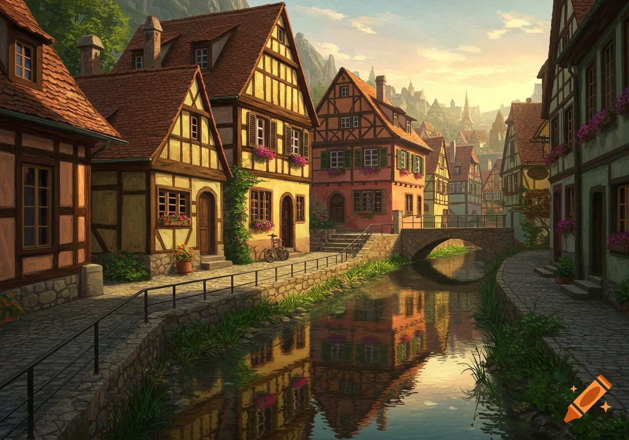 A charming European village with colorful half-timbered houses lining a tranquil canal, with a stone bridge under a sunset sky.