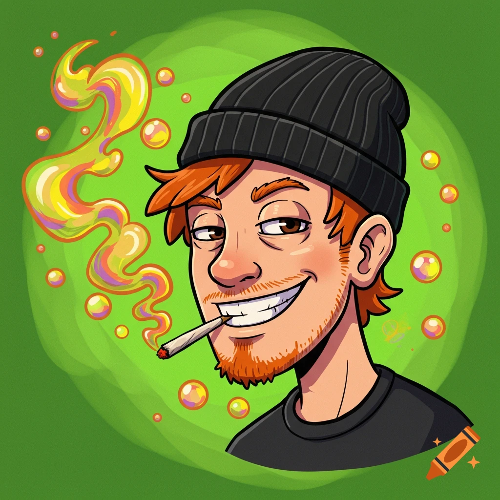 Cartoon headshot of a smiling man with ginger hair and a black beanie, smoking a joint, against a green background with bubbles.