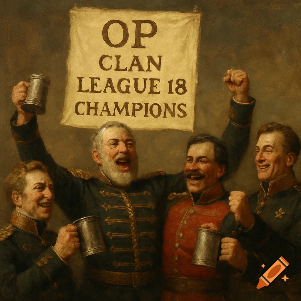 A classical oil painting of four cheering men in military uniforms holding steins, with a banner behind them reading 'OP CLAN LEAGUE 18 CHAMPIONS'.