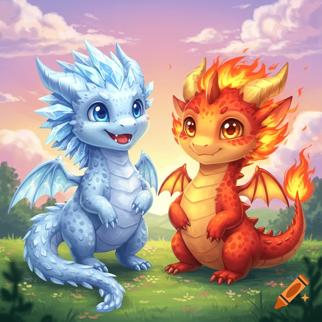 Two cute cartoon dragons, one blue ice and one red fire, stand smiling in a vibrant green field under a sunset sky.