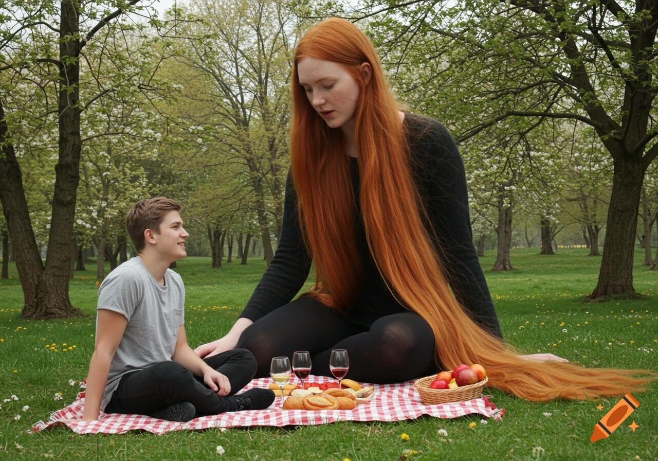 A gigantic red-haired woman and a normal-sized man have a photorealistic picnic in a park, with her long hair spreading on the grass.