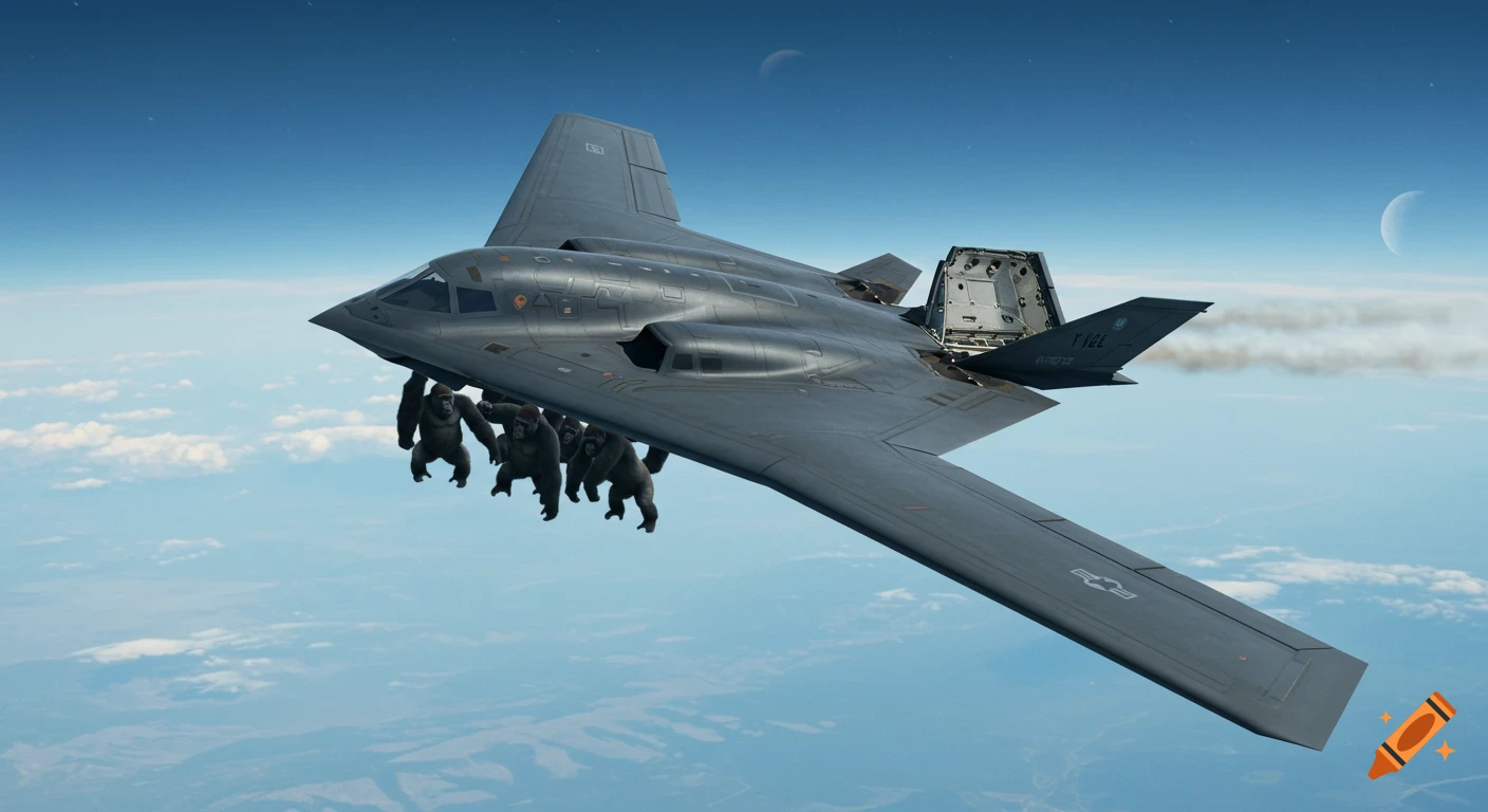 A B-2 Spirit stealth bomber flies through the sky with several gorillas clinging to its underside, with two moons visible in the background.