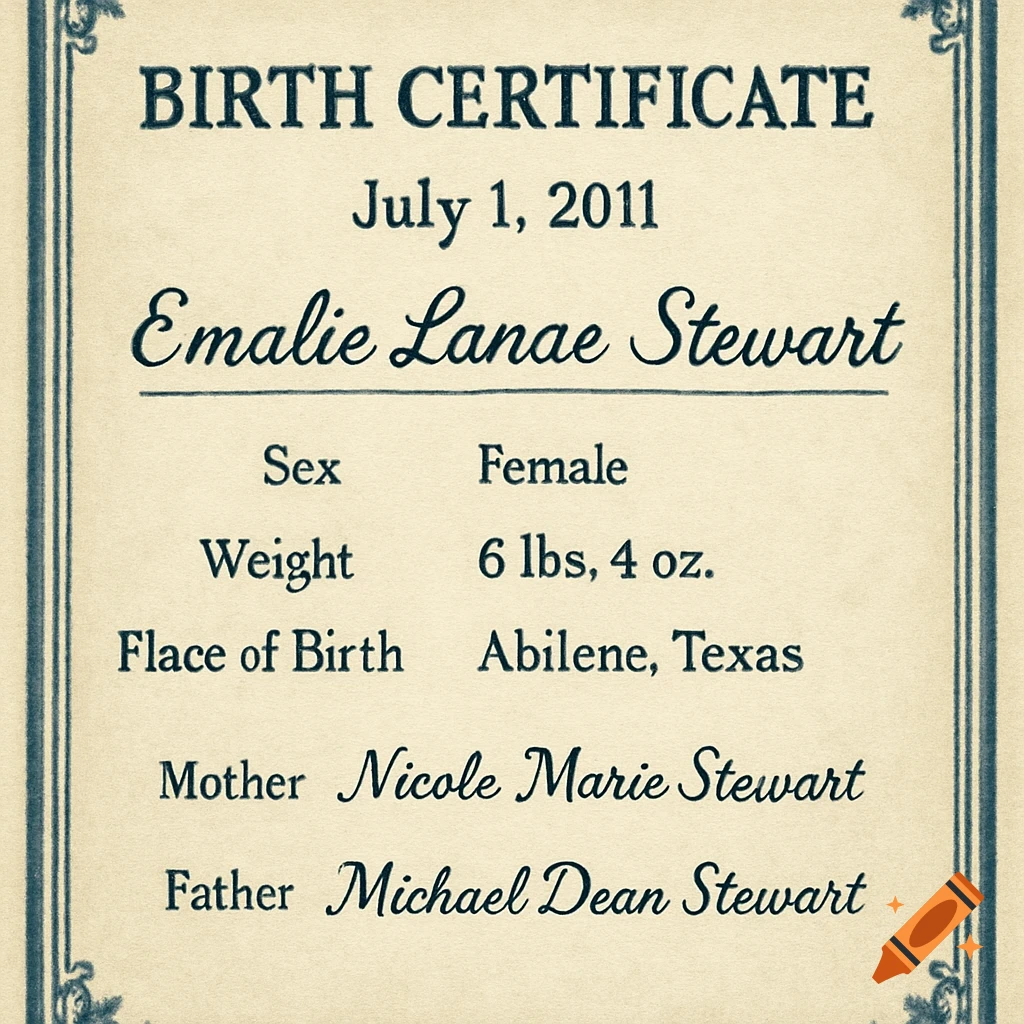 A vintage-style birth certificate for Emalie Lanae Stewart, born July 1, 2011, in Abilene, Texas.