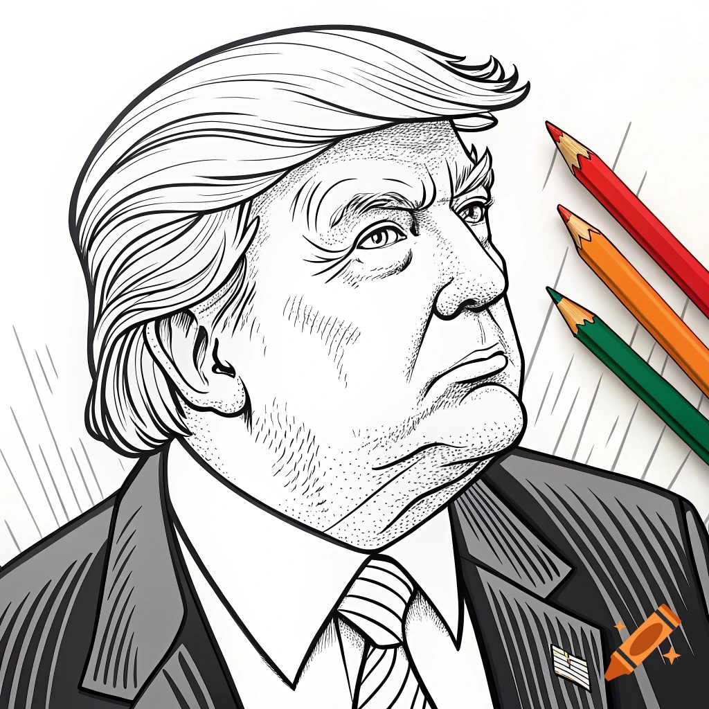 Black and white line art cartoon of Donald Trump as a coloring page, with three colored pencils on the side.