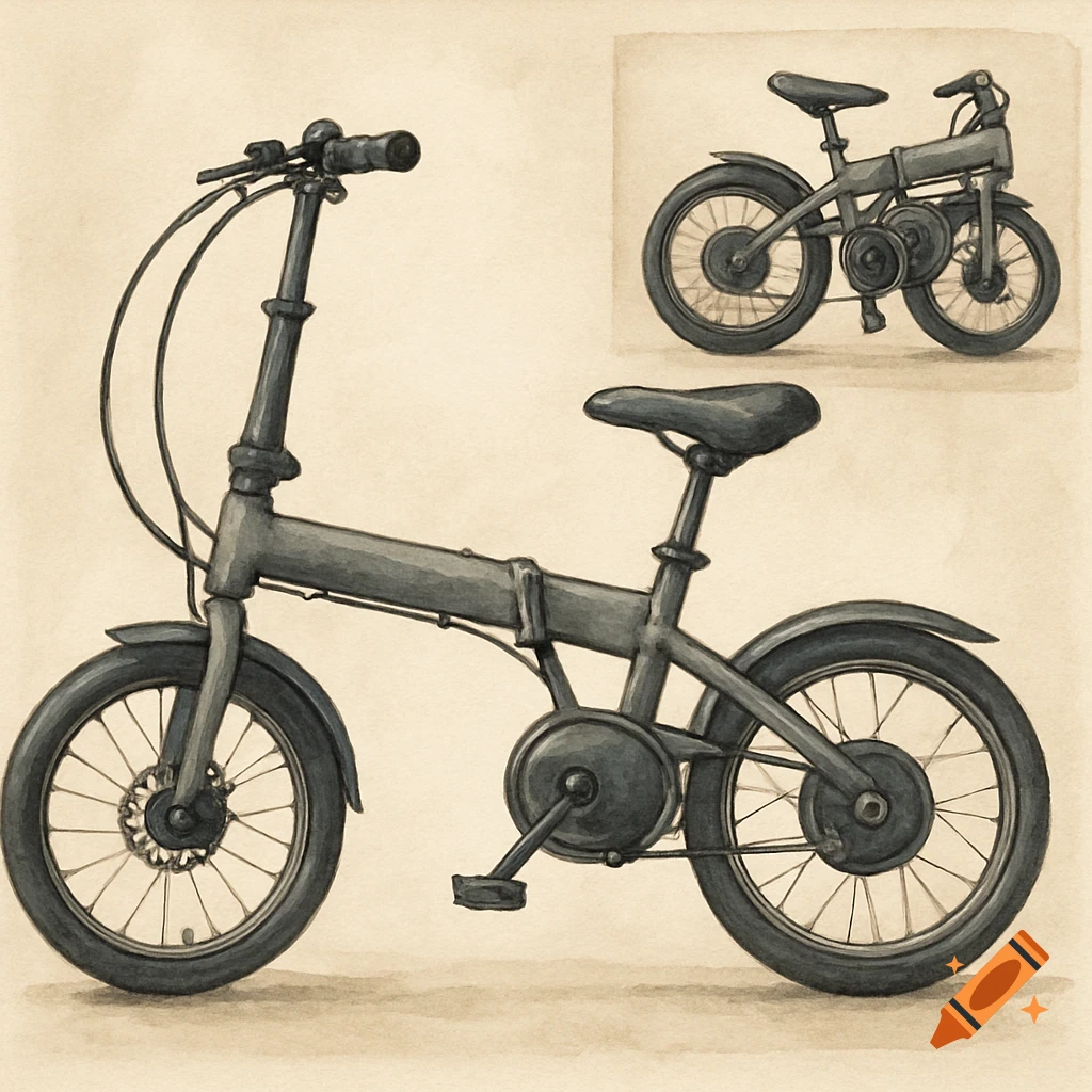 Sepia-toned illustration of a foldable electric bicycle with a small inset showing it in a compact folded position.