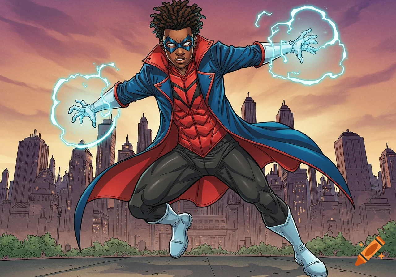 A comic book illustration of a Black male superhero generating blue electricity, with a city skyline at sunset in the background.